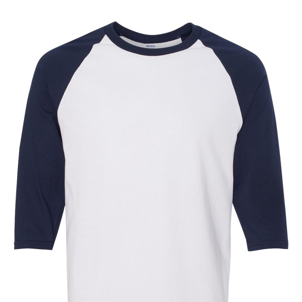 Gildan Raglan 3/4 sleeve t shirt. Colors:white/navy